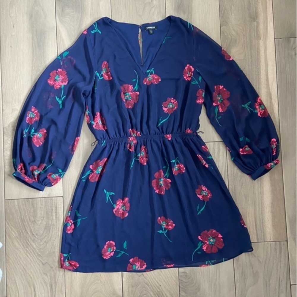 Express Navy Blue Floral‎ Sheer Long Sleeve Chiffon Dress Women’s Size Large